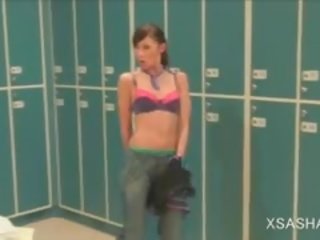 Lesbo Horny Brunette Masturbates Cunt In The Locker Room