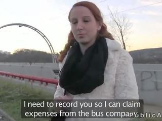 Redhead suck phallus in faketaxi in public